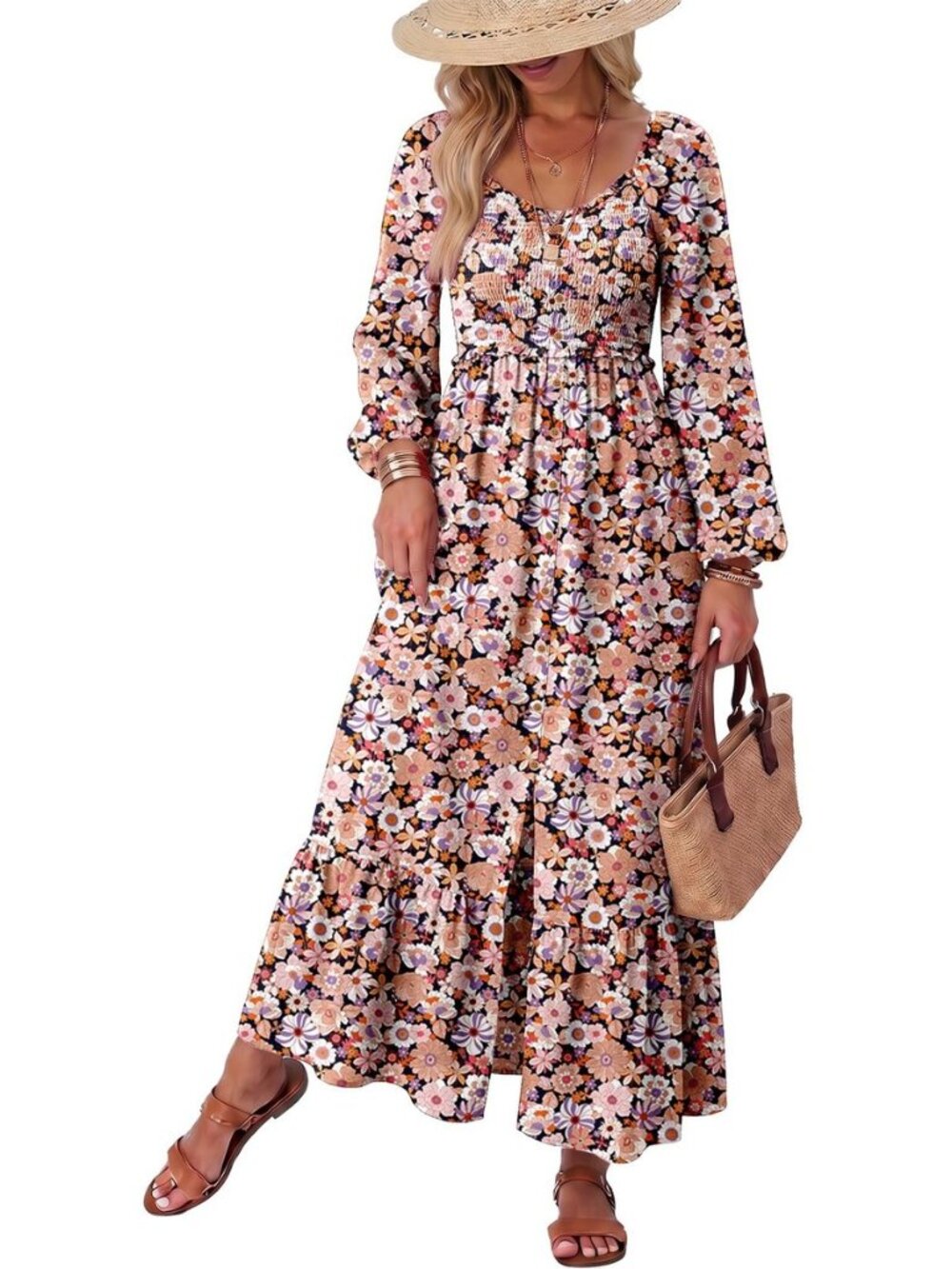 Womens Dresses Boho Floral Smocked Empire Waist Square Neck Long Sleeve Button